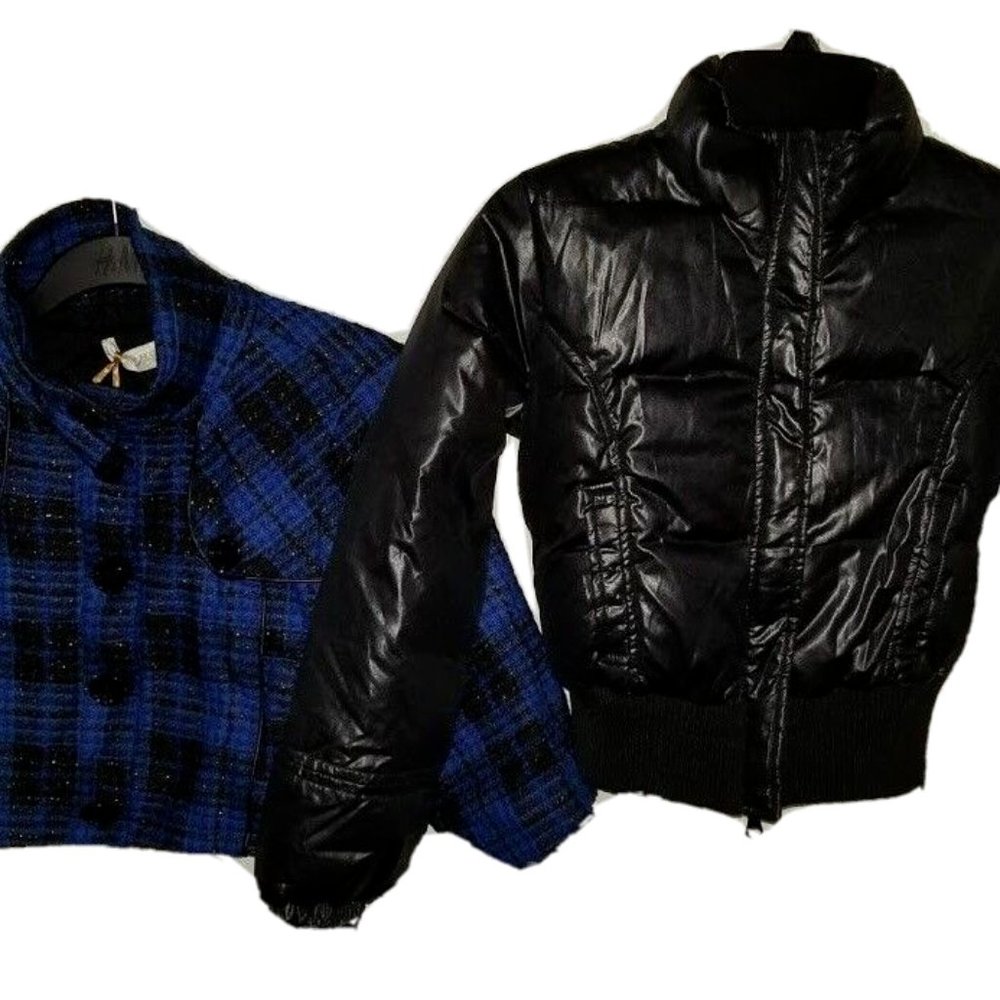 NWT GirlParrot Italy Black Down&Blue Black Plaid Wool JacketCoat 2 in 1 Sz 6$406